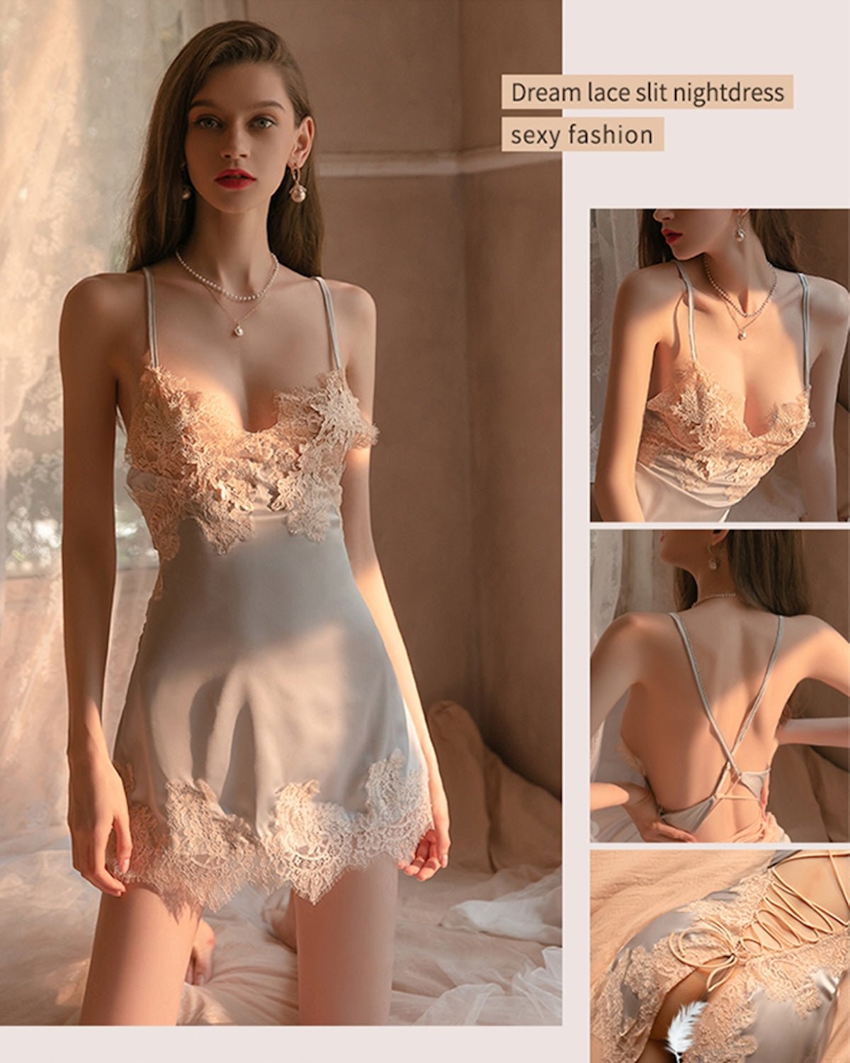 FEELITS PA12 Silk & Lace Backless Nightdress Set – Mulberry Silk Nightwear with Matching Panty - FEELITS