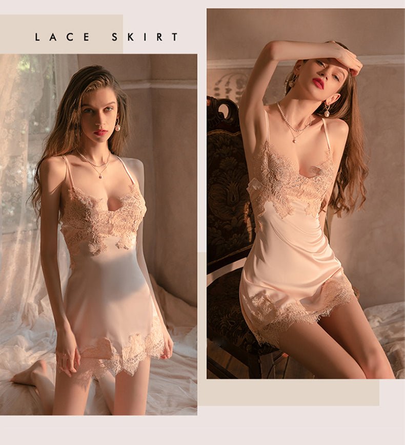 FEELITS PA12 Silk & Lace Backless Nightdress Set – Mulberry Silk Nightwear with Matching Panty - FEELITS