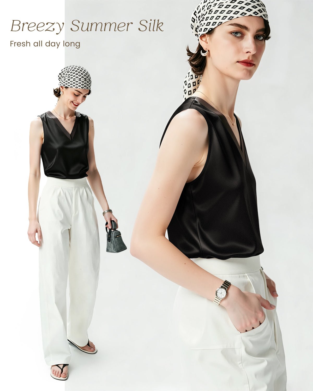 FEELITS TK21 22 Momme Silk V-Neck Tank Top - 100% Mulberry Silk, Loose Fit & Breathable - FEELITS