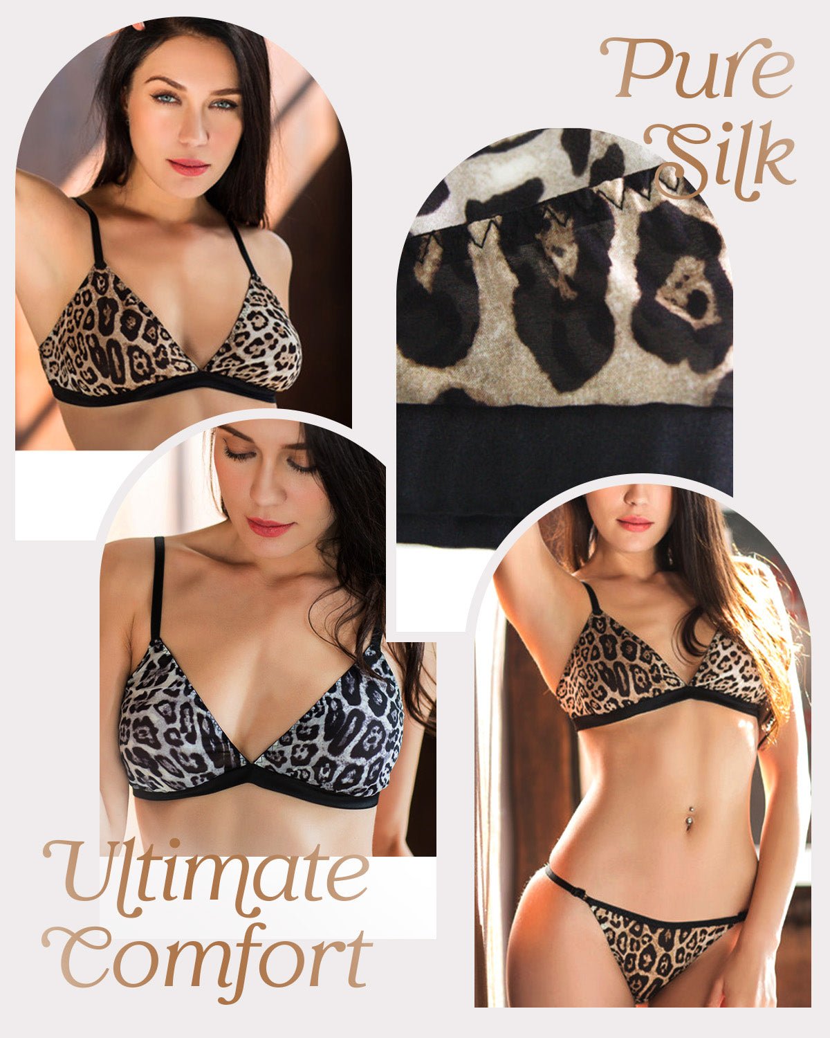 FEELITS YFB02 Leopard Print Silk Triangle Bra - 95% Mulberry Silk, Wireless Single-Hook Design - FEELITS