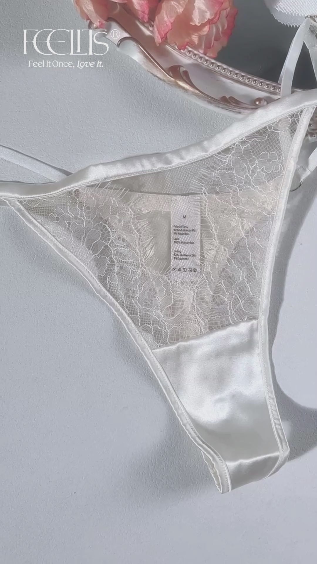 FEELITS TH05 Perizoma T-Back a Vita Bassa in Seta e Pizzo – 100% Seta di Gelso, Regolabile e Invisibile