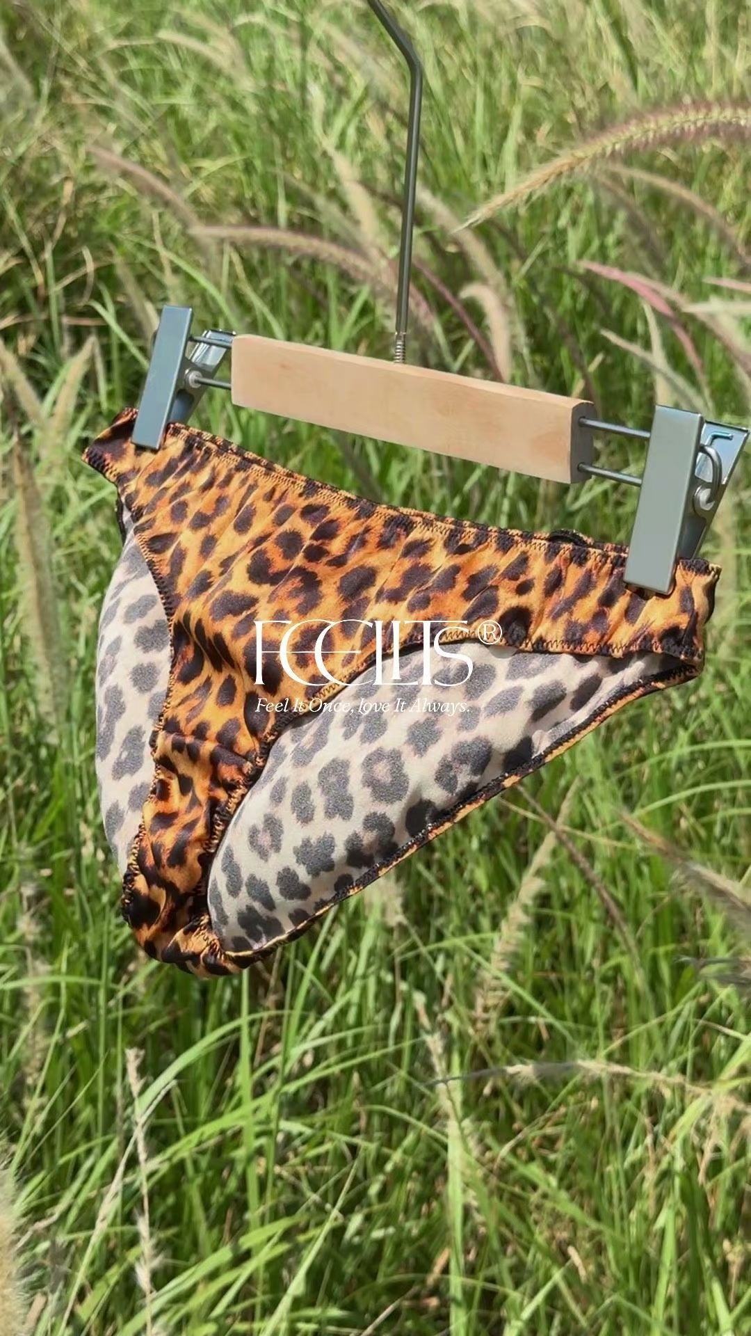 FEELITS KNP13 Golden Leopard High-Cut Bikini Panties – 100% 6A Mulberry Silk