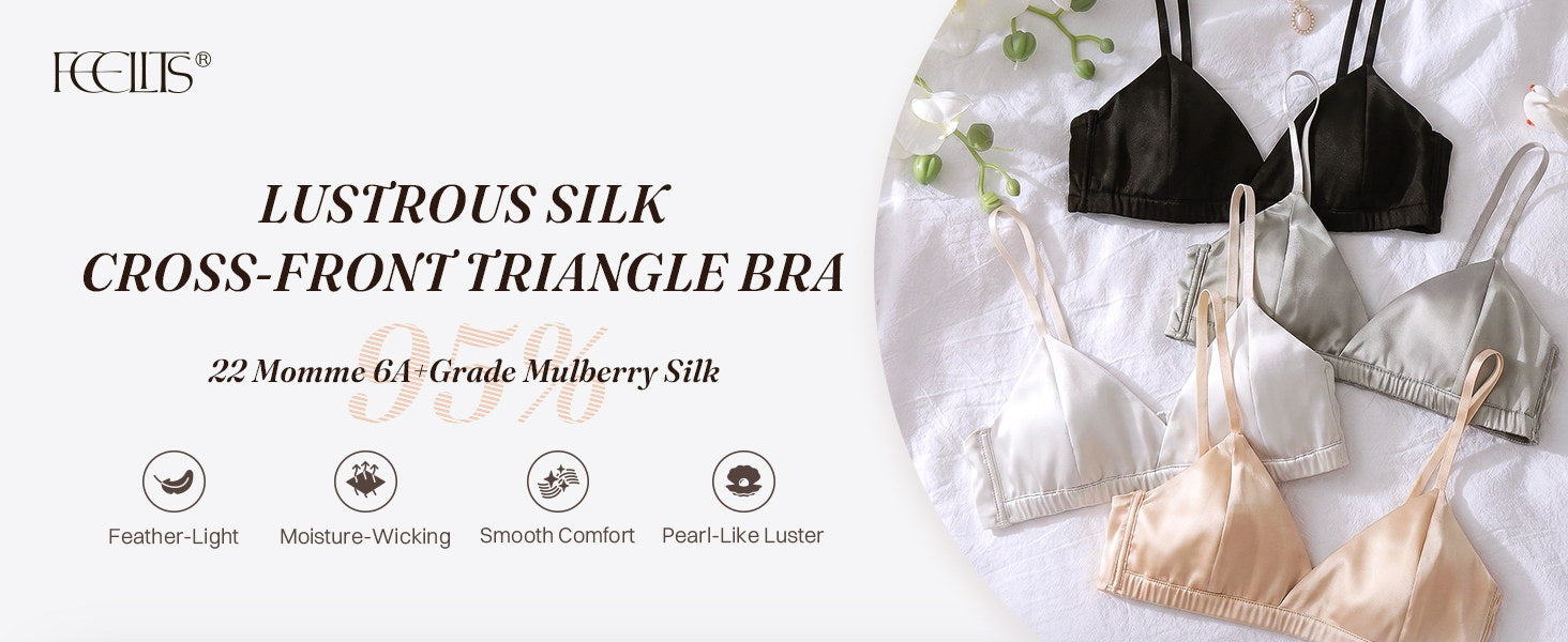 BRA16 22 momme mulberry silk cross-front triangle bralette with removable pads and adjustable straps | FEELITS